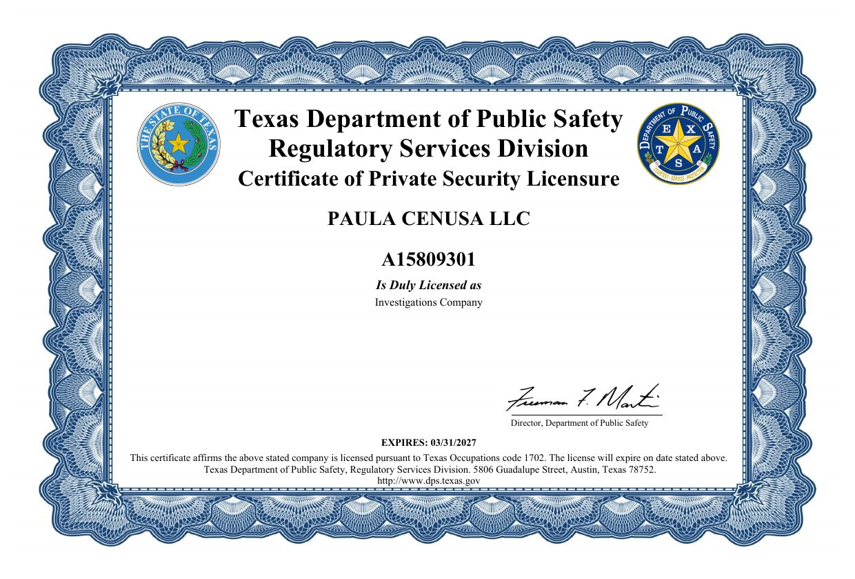 Texas DPS certificate naming Paula Cenusa LLC as a licensed Investigations Company, license A15809301, expiring March 31, 2027